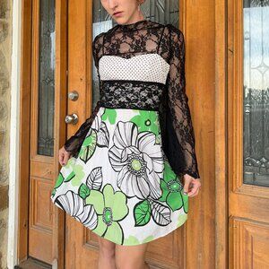 Y2K White Dress with Green Floral & Black Lace